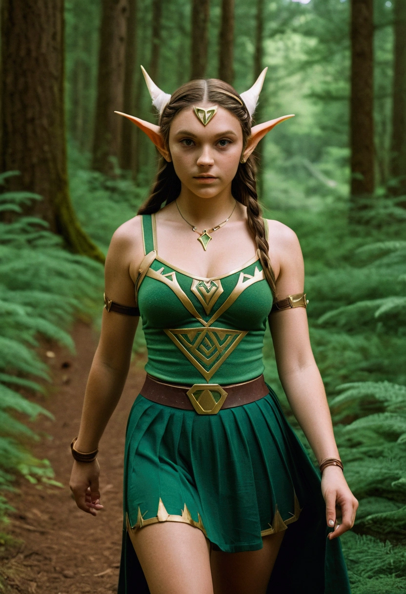 analog film photo, photo of a Hylian girl, elf ears, honey eyes, wild brunette hair, tan complexion, tall stature, athletic, voluptuous hourglass figure, busty bosoms, full hips, plump round buttocks, wearing a bralette and a skirt, strolling through Hyrule's wilderness, resembles Millie Bobby Brown, RAW Photograph, dslr, soft lighting, high quality, film grain, Fujifilm XT3, detailed skin with visible pores, insane details, masterpiece, 8k, 35mm photograph, dslr, kodachrome, faded film, desaturated, grainy, vintage, Lomography, stained, highly detailed, found footage, close-up shot, elven ears