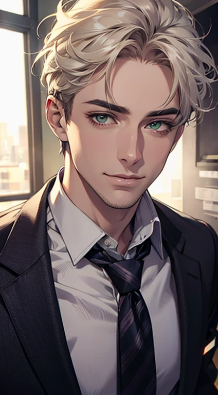 (Highest quality,4K,8K,High resolution,masterpiece:1.2),Super detailed,(Realistic,photoRealistic,photo-Realistic:1.37),1 person,34 years old,Mature Men,Beautiful skin、very handsome,Expressionless smile in love,Short white hair,green eyes,Sharp Eyes,A perfect face without a doubt,Businessman, CEO, Office Background,Cinema Lighting,HDR image,tie、
