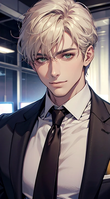 (Highest quality,4K,8K,High resolution,masterpiece:1.2),Super detailed,(Realistic,photoRealistic,photo-Realistic:1.37),1 person,34 years old,Mature Men,Beautiful skin、very handsome,Expressionless smile in love,Short white hair,green eyes,Sharp Eyes,A perfect face without a doubt,Businessman, CEO, Office Background,Cinema Lighting,HDR image,tie、