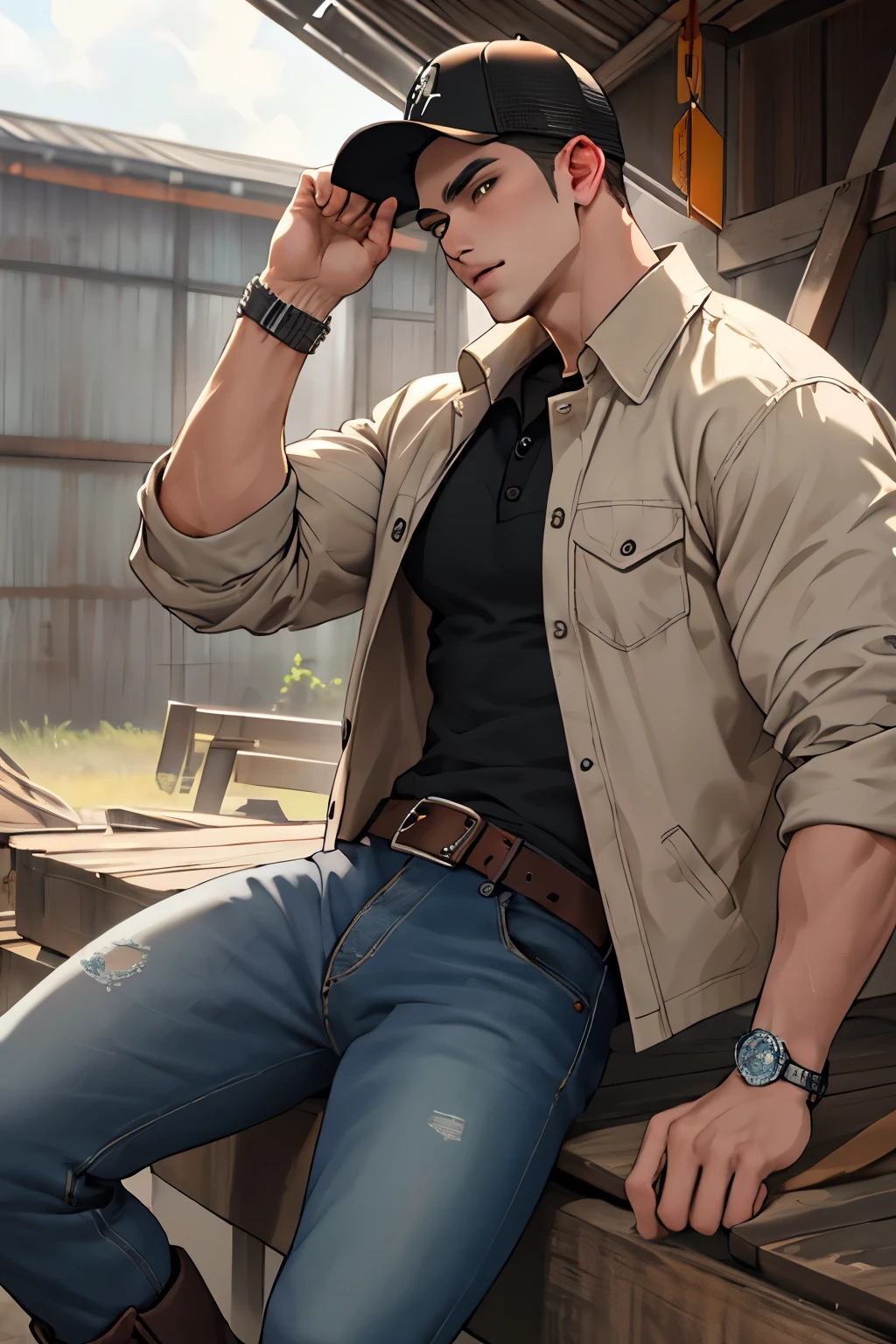 ((best quality)), ((masterpiece)), (detailed), Meet Ryan, a 25-year-old Malaysian male of Native Bornean ethnicity. His ebony hair, with a striking silver streak on the right side, is fashioned into a short back and sides cut, the top longer and slicked back with gel. His kind, warm brown eyes are partially hidden under a weathered trucker hat. A chubby build at 165 cm, Ryan possesses a round face with a straight nose bridge and a wider dome, complemented by thick, straight brows. A captivating tribal tattoo winds around his left arm, a testament to his cultural heritage. The scent of Ryan is a harmonious blend of the outdoors and the soap he chooses, exuding a fresh, masculine aroma. He adorns a rich brown wax jacket over a flannel shirt tucked into a henley, all worn with jeans that are faded and frayed at the bottom, tucked into dark brown leather heritage boots featuring steel toes. Accessories include a steel bracelet on his right wrist, a practical steel watch on the left, and a belt loop-attached leather wallet for convenience.
