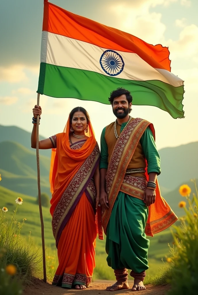 Indian independence in farmers with flag with Jhabua and Alirajpur traditional dress only man and woman
