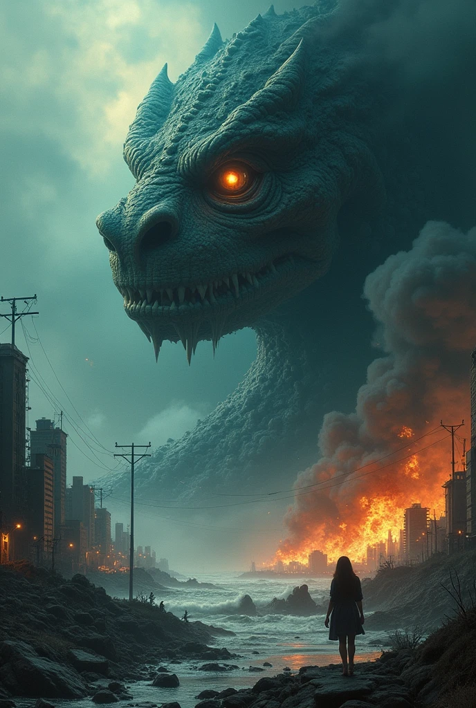 "A montage of devastation: cities being swallowed by the ocean, structures crumbling under the force of nature, and fire consuming everything in sight. Interspersed with these scenes are close-ups of terrified faces, their eyes reflecting the image of a colossal sea monster in the distance. The overwhelming sense of dread and panic is palpable."
