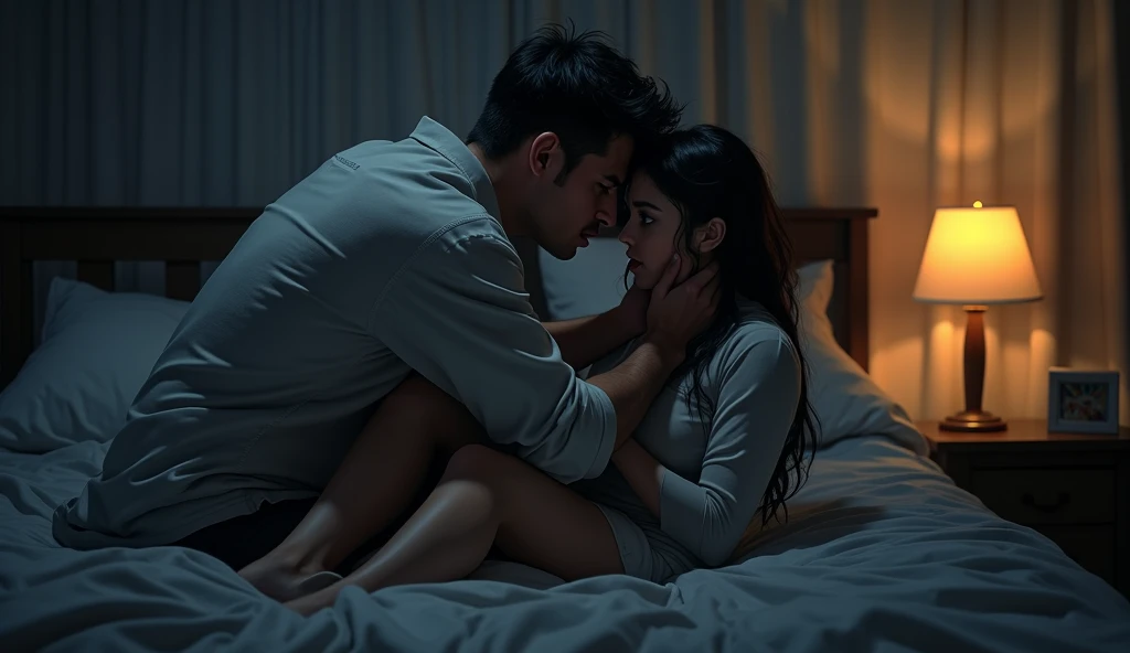 a couple having a fight, the boyfriend is chocking the girlfriend,the room is dim