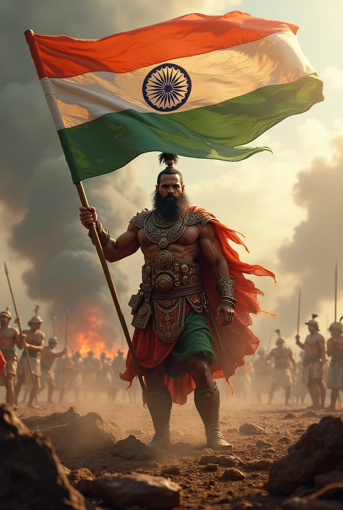 A ancient Indian warriors holding a indian flag in the war of independence