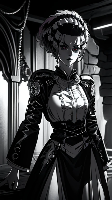 (1girl, Br1de0Fr4nk), (extremely detailed CG unit 8k wallpaper),(master part), (best quality), (ultra detail), (best illustration),(wanostyle), cowboy shot, (Sharp eyeliner, ombre, detail eyes), dark dungeon interiors background, ,break , (vamptech), 