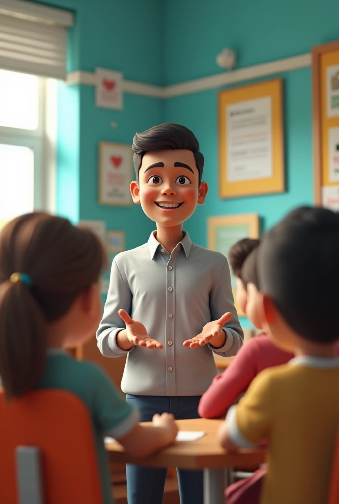 Generate a vivid avatar for me using 3D animation style in 21st-century 3D computer-animated films. First, my job is I be a 30-year-old man clean shaven. I am a teacher surrounded by my students and I am teaching in a very beautiful coaching centre. I am wearing clothes consistent with my job. Second, my personal characteristics are a young 6-foot-tall man, with short black hair, tan skin tone and black eyes colour. I am smiling and teaching my students. 3D. digital art. High definition, high contrast, high colour saturation. dynamic lighting, intricate detail, cinematic. 3D photo.