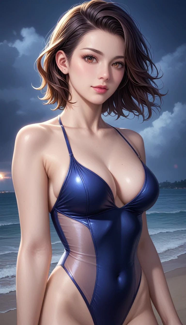 score_9, score_8_superior, score_7_superior, High resolution 3D anime style,A masterpiece in 32K resolution,Highest quality,it is really amazing,Very detailed,Ultra-high resolution,Ultra-realistic,Realistic,Increased depth of field,Cinematic lighting,
(Sexy mature Japan woman:1.1),
black straight medium hair,Ultra-detailed and beautiful face,Calm and gentle look,Beautiful brown eyes,Translucent white skin,Realistic skin texture,Great proportions,
Elegant high leg swimsuit,
Bold design,Chic color scheme,Detailed fabric texture,
(Dark overcast sky on a dull night:1.1),(Dark clouds filling the sky:1),(Thundercloud:1),Coastline at night,Stormy seas,(delay々A desolate sandy beach that continues:1),
Cinematic Angle,
