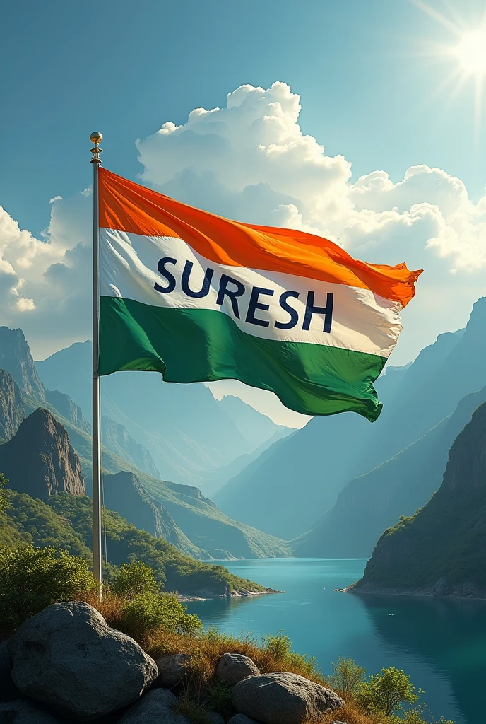 SURESH should be visible on the Indian flag in a beautiful location