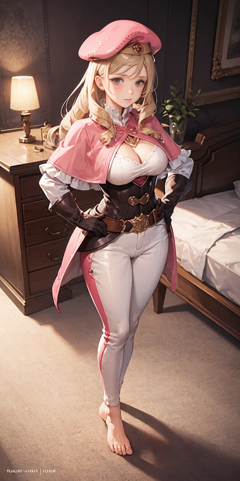 masterpiece, best quality, full body, barefoot, solo, female, big breast, feforrest, beret, pink capelet, pink tunic, white pants, brown gloves, upper body, looking at viewer, shy, from above, mansion, room, finely decorated room, pink theme, big breast but cover, hands to hip