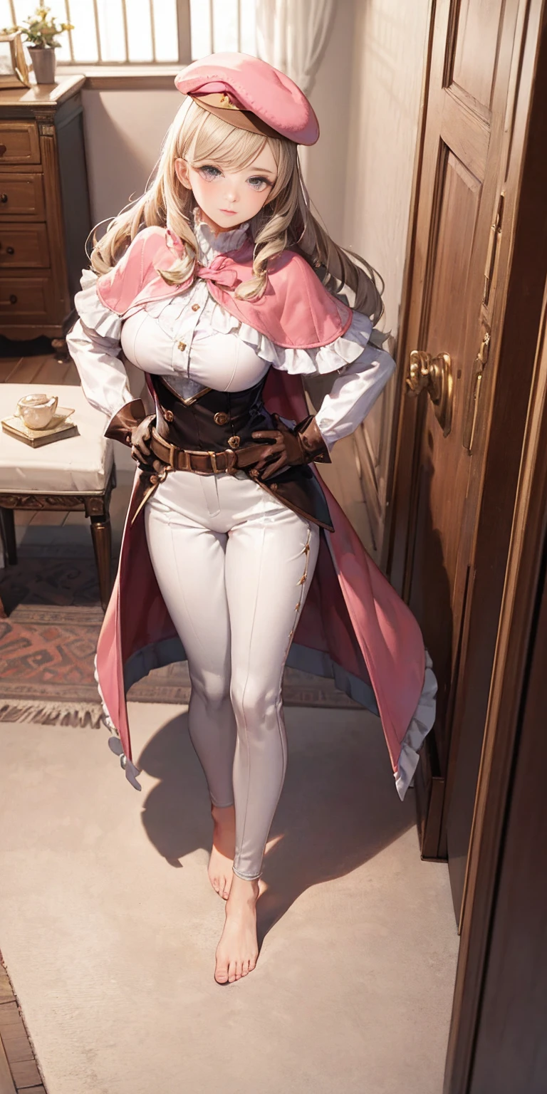 masterpiece, best quality, full body, barefoot, solo, female, big breast, feforrest, beret, pink capelet, pink tunic, white pants, brown gloves, upper body, looking at viewer, shy, from above, mansion, room, finely decorated room, pink theme, big breast but cover, hands to hip