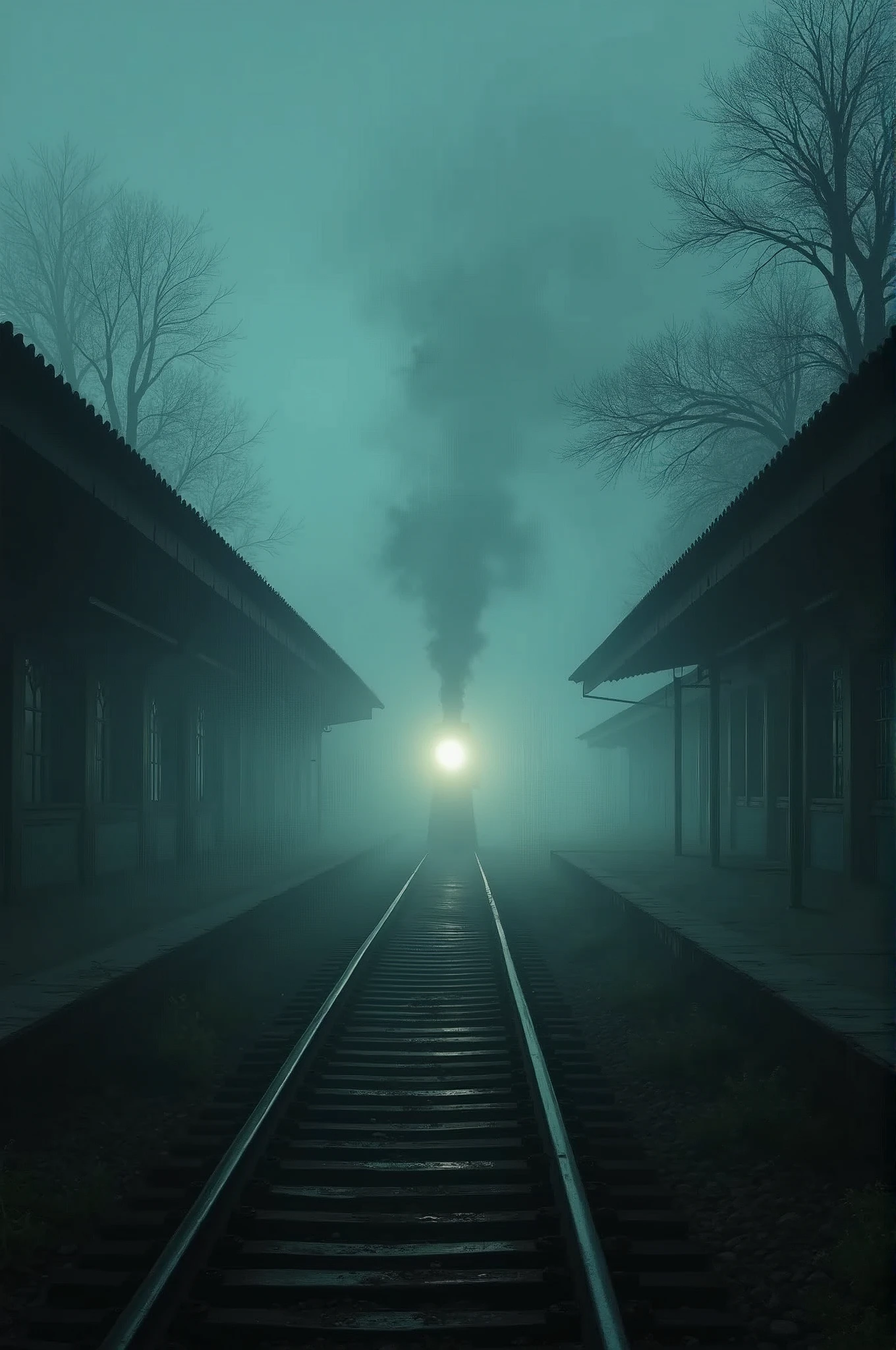 *"A desolate, fog-shrouded old train station at night, with an eerie, abandoned atmosphere. The station is dark and empty, with rusty, overgrown rails leading into the mist. In the distance, a ghostly, translucent train is faintly visible, its lights glowing dimly through the fog. The train appears to be drifting, partially obscured by the mist, emitting a ghostly, haunting glow. The scene should evoke a chilling sense of dread and abandonment, highlighting the mystery and malevolence of the phantom train
