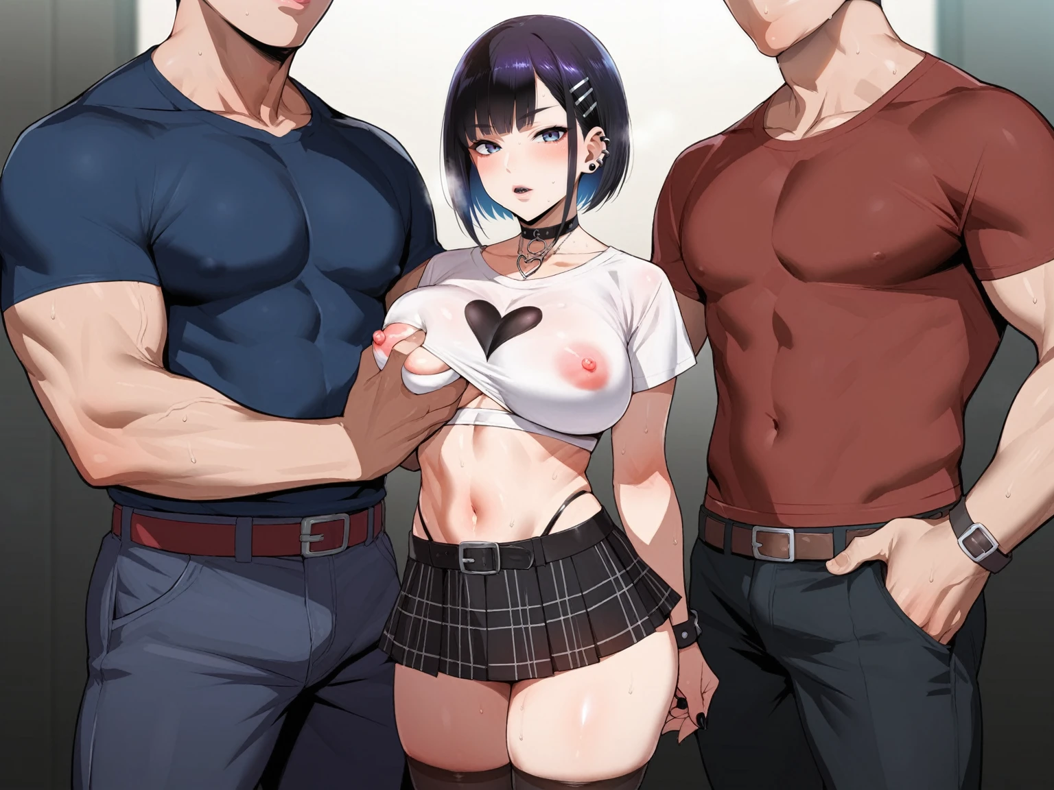 source_anime, rating_explicit, score_9, score_8_up, score_7_up, black_hair, goth, gothic, short_hair, looking at viewer, crop top, skirt, thighhighs, black clotges, goth girl, ikuchan, 2boys, mmf, standing side by side, faceless male, ), muscular male, ((size difference)), clothed, gyaru fashion, breast grab, cuckold pov, ((netorare)), ntr, cuck, cuckolding, ((light skinned male)), ((cuck))