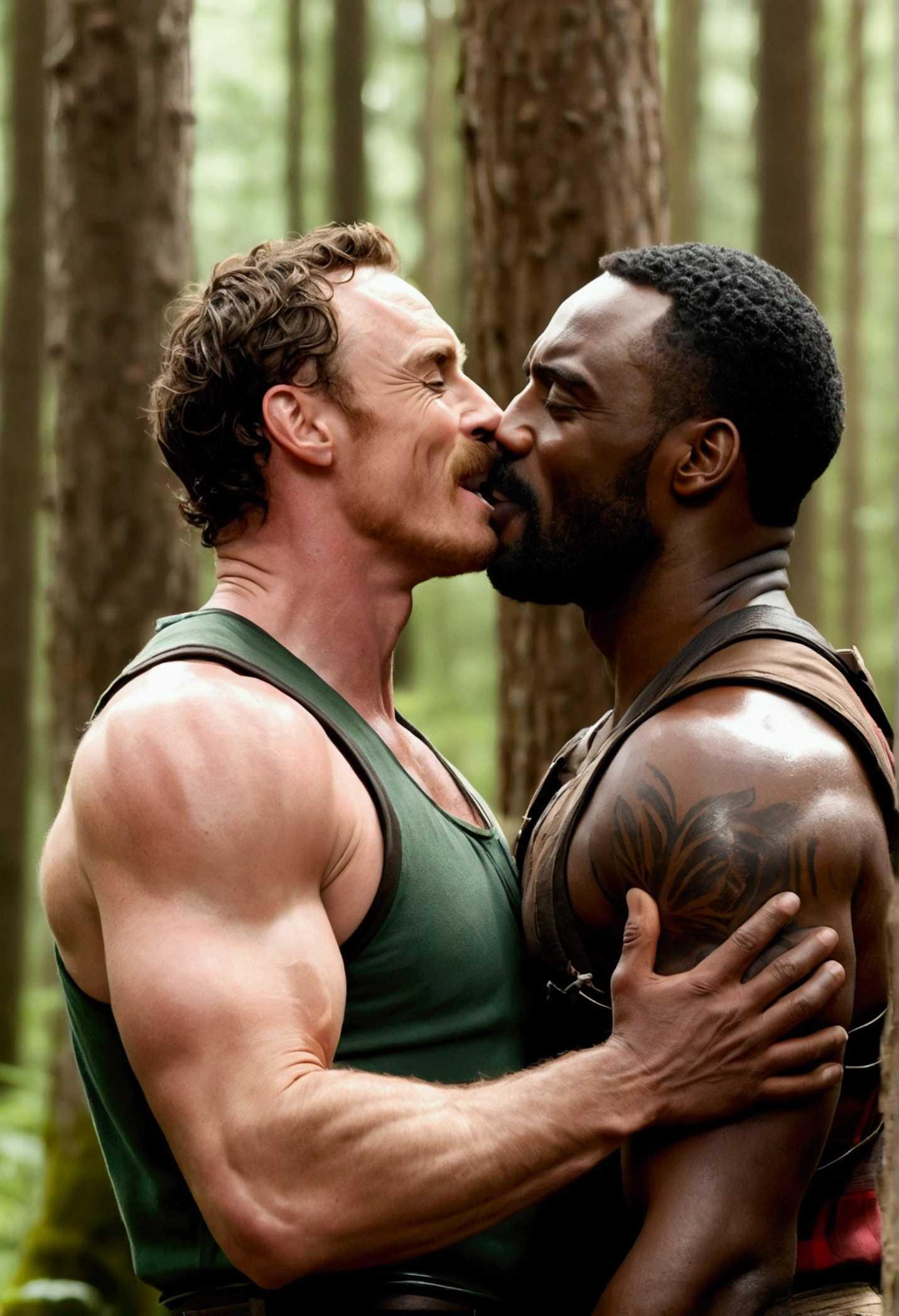 Michael Fassbender and Idris Elba kissing, embracing in a forest, Kissing in lumberjack uniforms, kind eyes, smiling, happy blush, V-shaped upper body, thin lips, Strong jaws, Muscled chests, big arms, (homosexuals, homoerotic, homosexual), (Cinematic movie poster), big muscles, interracial, close up, cinematic lighting, 16k, 1080P, High Definition, 16k, 1080P, High Definition, High resolution, Best Quality, Super detail, anatomically correct, high quality