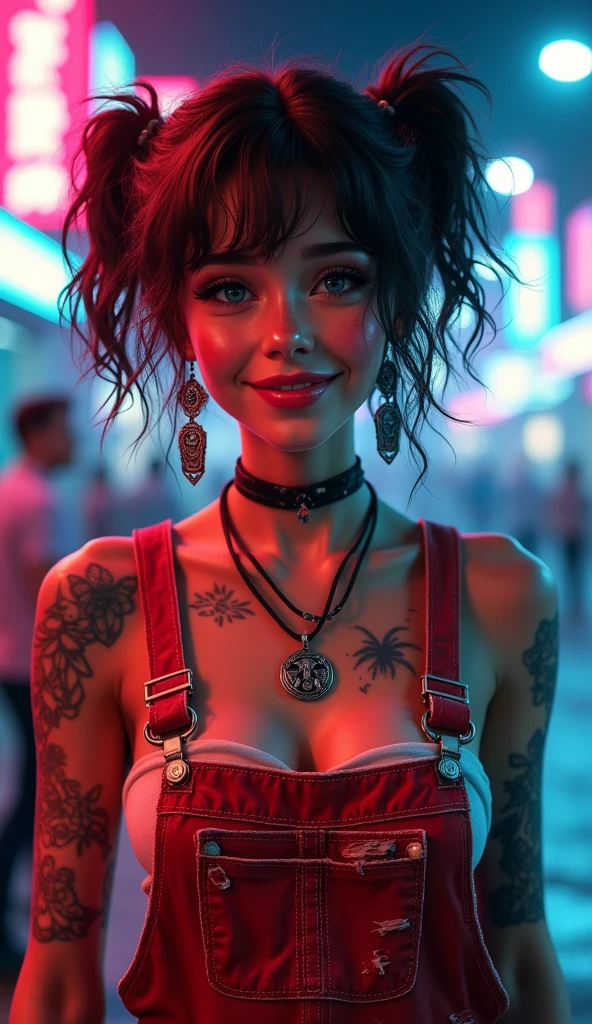 uma jovem morena de 18 anos sorrindo, (wearing red overalls torn and dirty) cabelo curto cacheado, tatuagens no corpo e no rosto , olhos grandes azuis, (Neon city background at night),Fleshy lips of the mouth with red lipstick, with the medallion on the neck,brinco, penetrante , seios grandes, sweaty skin with imperfections,Tatuada no rosto, ,(Pigtails de cabelo com gravatas)detalhes intricados ( 8k.