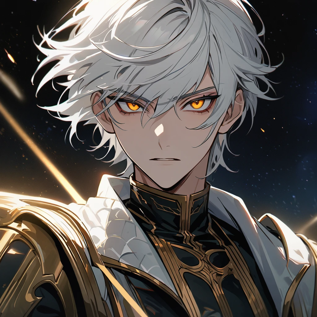 High quality, HD, 4k, no shadows, handsome male, handsome, 1male, 18 years old, 18yo, short white hair, white hair, white hair, white hair, sharp eyes, deep golden colored eyes, dark gold colored eyes, deep gold eyes, gold eyes, devil may cry, close up, calm expression, stoic expression, black leather clothes, white leather clothing, lean body, well trained body, upper body, looking at viewer, cowboy shot, white solar, space background