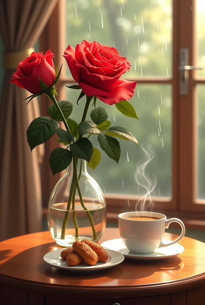 I need an image of a varnished wooden table with a vase of a transparent bowl and a large and beautiful red rose with a cup of hot coffee and a white china plate with 3 champurradas, Next to the vase inside a room of a country house and a clear view to the windows where the rain falls