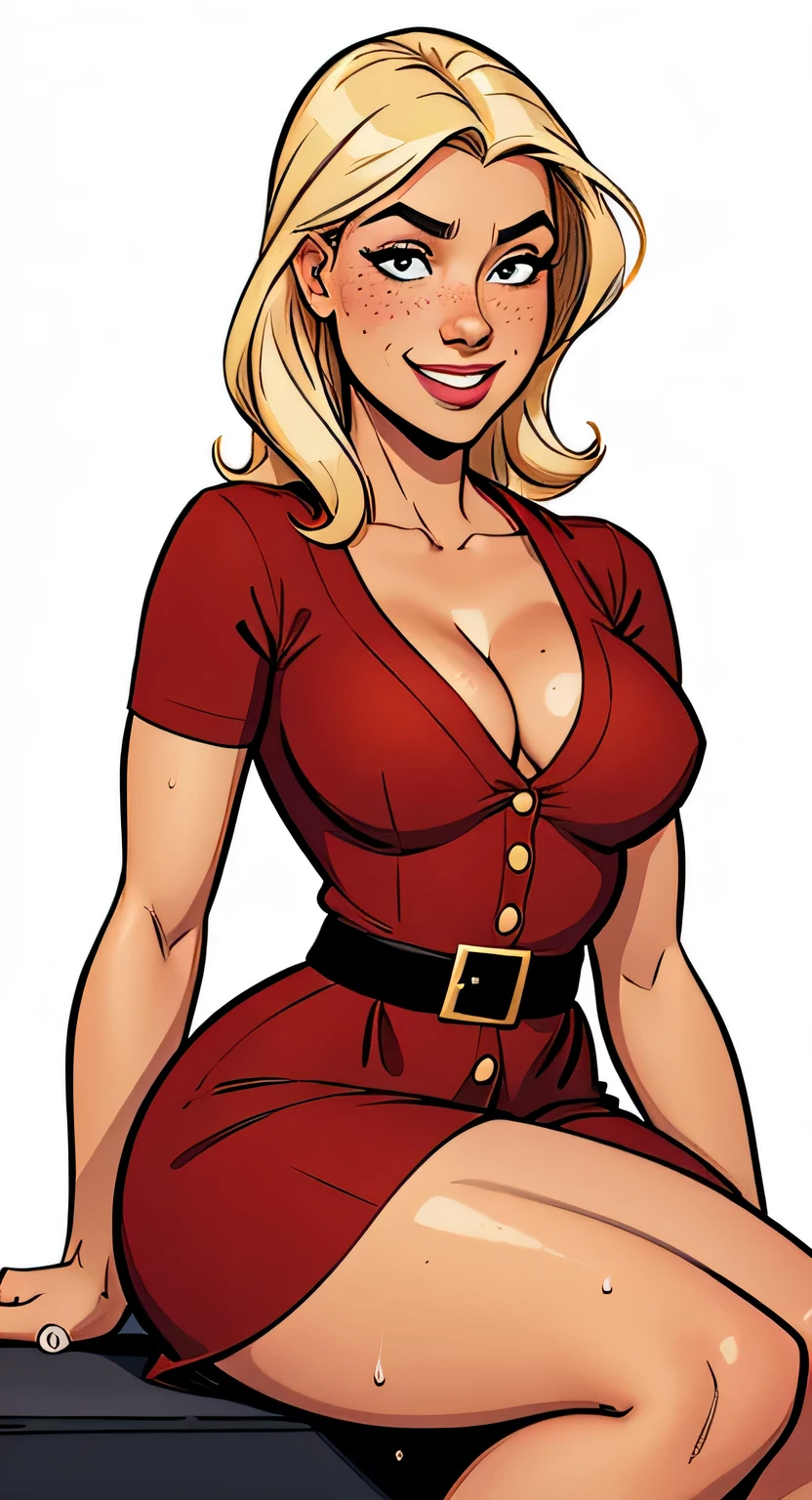 Thin woman, 4K (High definition), beautiful smiling, teacher in a red dress (of buttons) with a V-neck and short sleeves, black belt, pele caucasiana, shoulder length blonde hair, sitting, eyes browns, freckled and with small drops of sweat on her cleavage. comic style, white background.