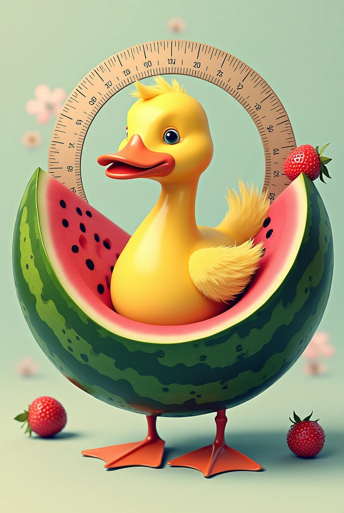 diagrammatic combination between a duck, a watermelon and a protractor inside a circle