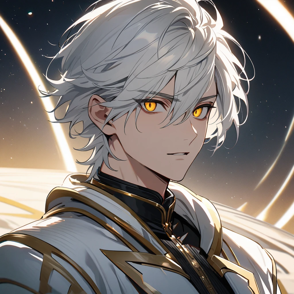 High quality, HD, 4k, no shadows, handsome male, handsome, 1male, 18 years old, 18yo, short white hair, white hair, white hair, white hair, sharp eyes, deep golden colored eyes, dark gold colored eyes, deep gold eyes, gold eyes, devil may cry, close up, calm expression, stoic expression, black leather clothes, white leather clothing, lean body, well trained body, upper body, looking at viewer, cowboy shot, white solar, space background