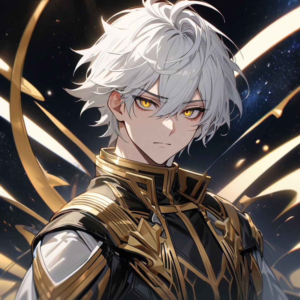 High quality, HD, 4k, no shadows, handsome male, handsome, 1male, 18 years old, 18yo, short white hair, white hair, white hair, white hair, sharp eyes, deep golden colored eyes, dark gold colored eyes, deep gold eyes, gold eyes, devil may cry, close up, calm expression, stoic expression, black leather clothes, white leather clothing, lean body, well trained body, upper body, looking at viewer, cowboy shot, white solar, space background