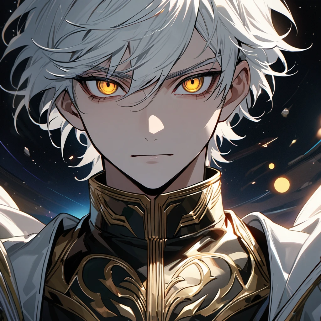 High quality, HD, 4k, no shadows, handsome male, handsome, 1male, 18 years old, 18yo, short white hair, white hair, white hair, white hair, sharp eyes, deep golden colored eyes, dark gold colored eyes, deep gold eyes, gold eyes, devil may cry, close up, calm expression, stoic expression, black leather clothes, white leather clothing, lean body, well trained body, upper body, looking at viewer, cowboy shot, white solar, space background