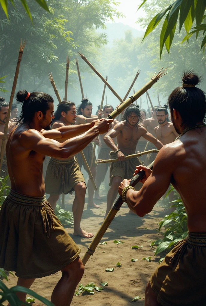 A group of people armed with sharpened bamboo poles are fighting against a group of Dutch colonizers.