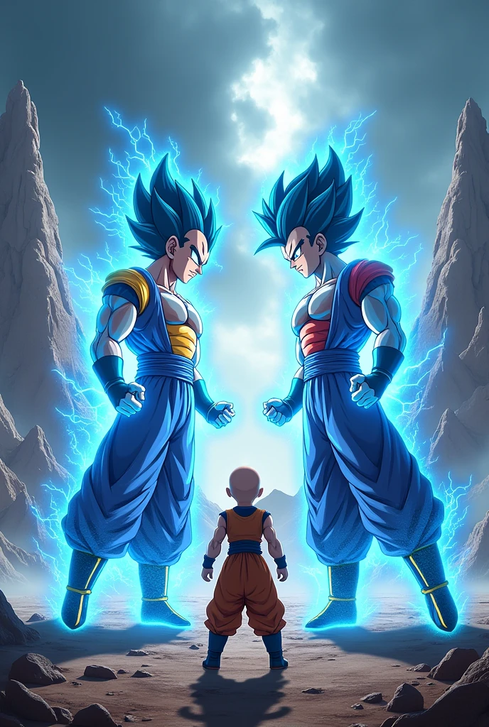 Goku vs Vegeta ,They both turn Super Saiyan Blue. Then Saitama appears, calling them to a fight.