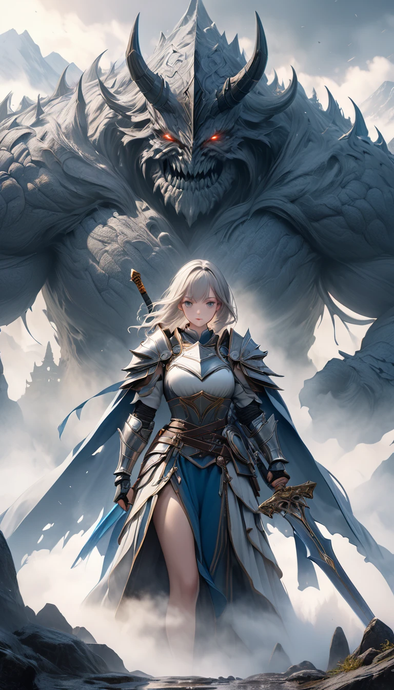 (masterpiece, best quality, super detailed, beautiful details eyes, Clean and delicate face), Super realistic, Fantasy Art: A giant Foggy monster made of Mysterious Fog appears on the sacred mountain. The Legendary Female Knight wields his holy sword and confronts the Foggy monster, Beautiful Art Ultra HD 8K, 8K highly detailed digital art, Generated in SFW