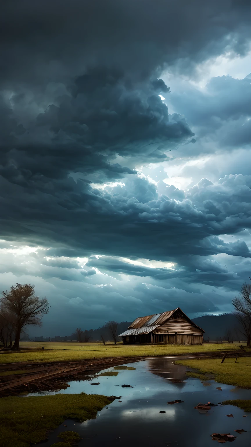 Imagine an unexpected disaster event. A wide open area of land,There are dark clouds overhead. The wind is howling, The rain began to pour down. In the distance, A tree struck by lightning,Start a small fire, Leaves and debris swirled in a growing storm. An old, Abandoned barn stands firm against the approaching storm, The once vibrant paint is now faded and peeling. Puddles began to form on the ground, Reflecting the chaotic scene overhead. This scene embodies the rawness and unpredictability of nature.