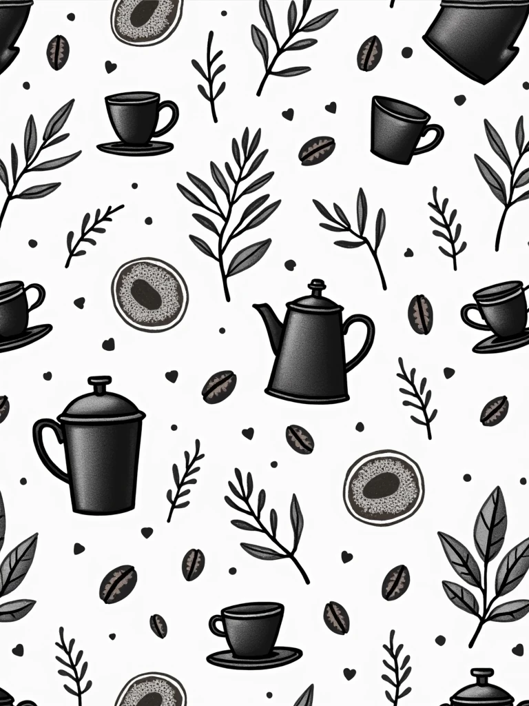 A back and white coffee & cafe related pattern