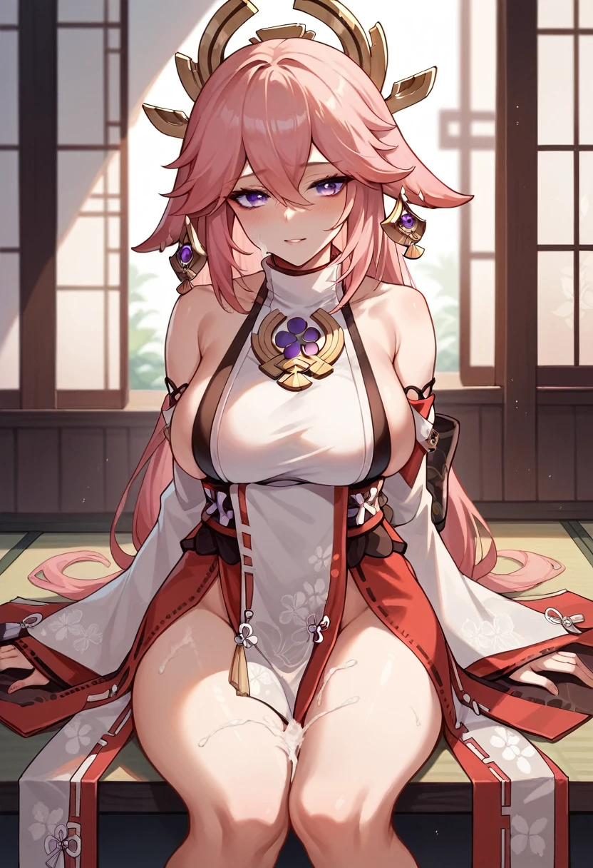 Yae Miko, Genshin Impact, skimpy kimono, inside a brothel, covered completely in cum