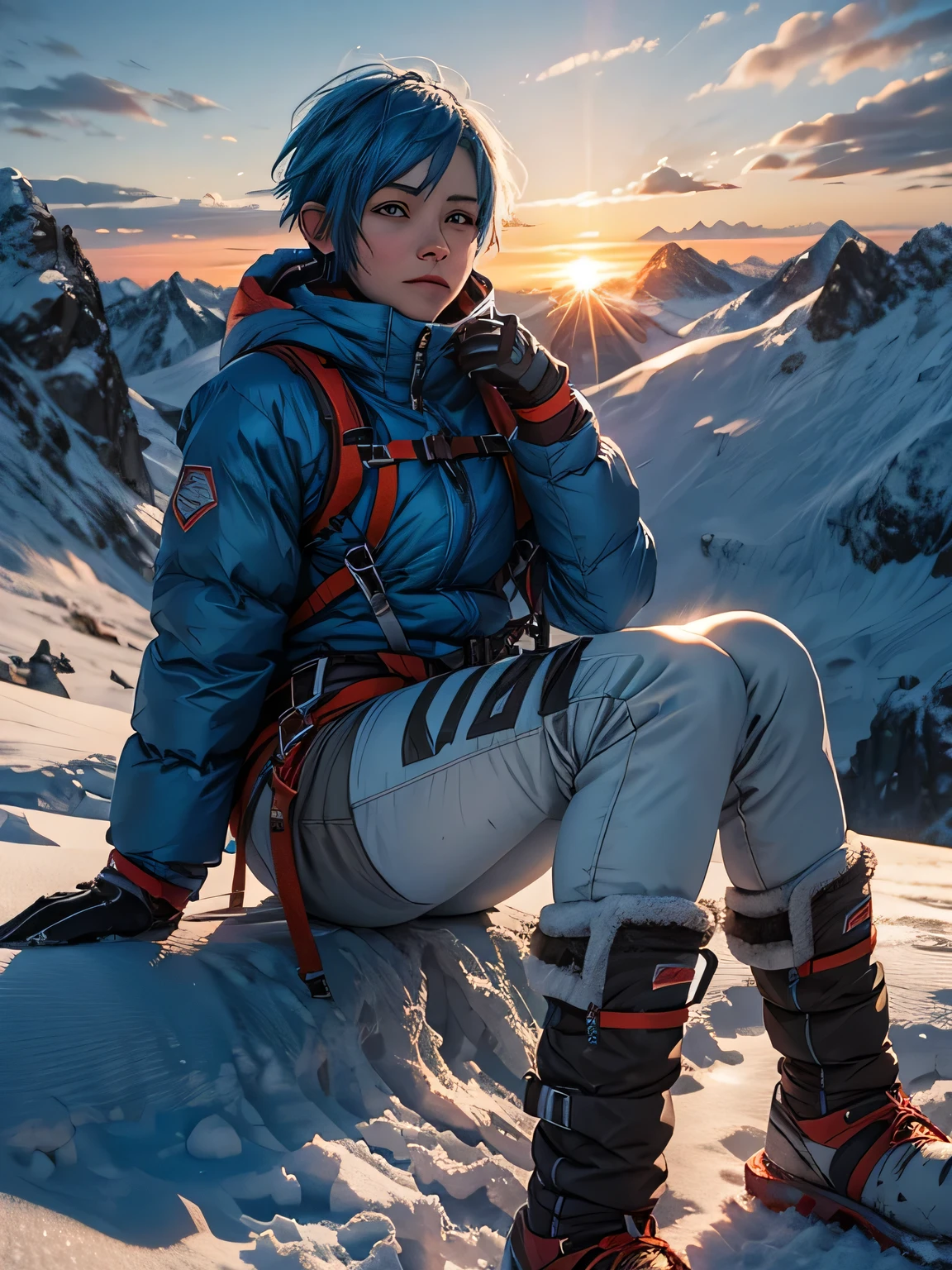 female climber at summit, heavy winter gear, mountaineering boots, frost-covered face, no sunglasses, expression of determination, sunrise light, snow-capped mountains, high-resolution, realistic textures, breath visible in cold air, blue hair, (short hair:1.3)