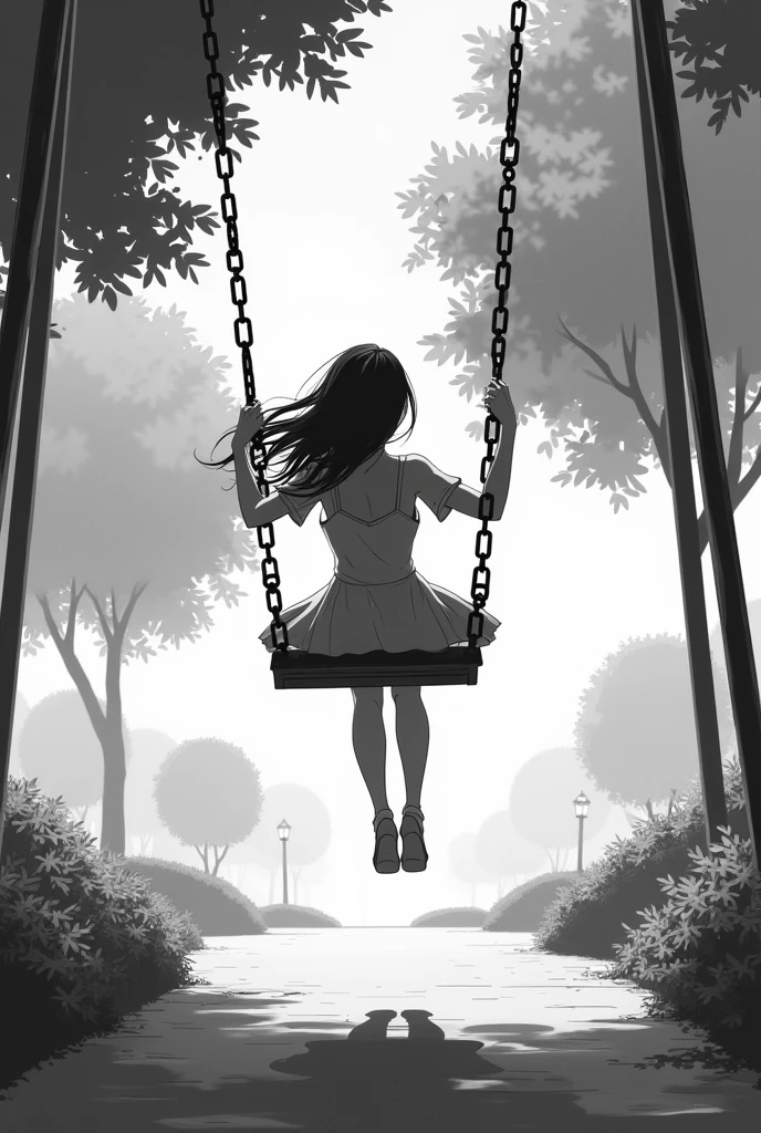 Someone swinging on an anime-style swing set in a park, swinging very high, but realistically and in black and white.