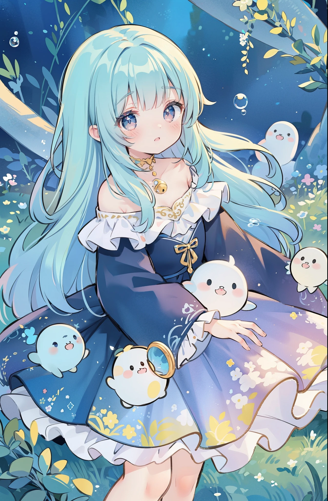 masterpiece, best quality, 8k resolution, sharp focus, intricate detail, beautiful girl, sparkling eyes, golden ratio face, otherworldly liquid, watercolor, cool colors, bright colors, whimsical, colorful, sharp focus, high resolution, fine detail, ((layered tiered puffy long sleeves ballgown)), ((round eyes)), iridescent bubbles, fantasia background