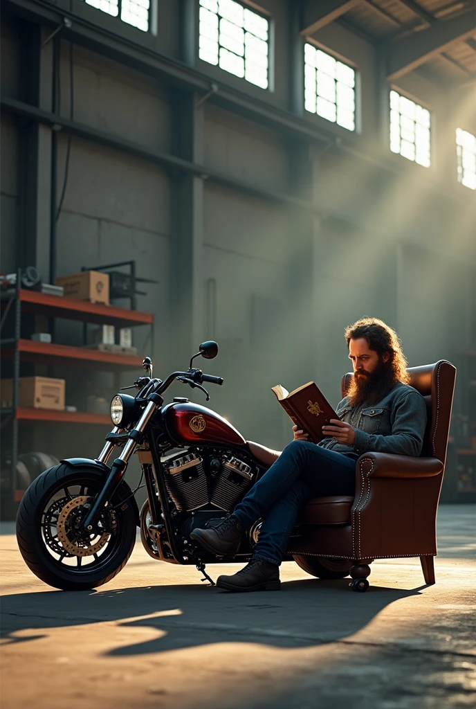 You are my professional image generator. Por favor, create the image of a custom motorcycle in a large warehouse. Next to the motorcycle, a man with a beard in an armchair reading the holy bible.