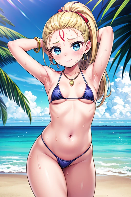 A girl posing for a photo, ((One Girl)), (((Baby Face:1.7)) + ((cute:1.5)) + (())),
break
#Clothing Accessories
((Black Micro Bikini Swimsuit:1.1)) + white high heel sandals,
(Gold Hoop Earrings), (gold fancy bracelet), (A necklace studded with many precious stones),
break
#Features
((Blonde:1.2)) + ((The forehead is visible + Slicked Back Bangs:1.4)) + ((ponytail) : Long Hair + Curly hair + Voluminous Hair + Fuller Hair + Tied with a red ribbon),
((drooping eyes:1.4, Big eyes:1.2), blue eyes), (Small breasts + Flat chest), (中立的な顔のFeatures),
((sensuous:1.5)),
break
#background environment
((noon, (Sunny tropical beach:1.1), ((blue sky)))),
#Facial Expression Pose
((blush, smile, Open your mouth)), ((A pose standing strongly on both legs、Hands clasped behind the head with armpits visible , Sweating in the body)),
#composition
((To the camera), (Angle from the front), (Character Focus), (Cowboy Shot)),
break
#Body parts elements
(Slim figure),
(Symmetrical facial features),
(Detailed Hair, Beautiful Hair, Shiny Hair),
(double eyelid, Long eyelashes, Thin eyebrows:0.5, Thin eyebrows:0.5),
(Expression of fine eyes, Beautiful and delicate eyes, Sparkling eyes, Eye Reflexes, Glitter Eyeliner),
(Human Ear),
(Beautiful Nose, Thin Nose),
(Glossy Lips, Beautiful Lips, Thick lips),
(Detailed skin, Textured skin, Beautiful Skin, Oily skin),
break
#quality
(((最高quality)), ((masterpiece:1.3)), ((Very detailed))), ((Ultra-high resolution)), ((16K)), ((1080P)), ((Full HD)),
((Anatomically correct)), ((Realistic)), (3DCG), ((Oil painting)),
((comics, anime)), (CG illustration), (RAW Photos),
