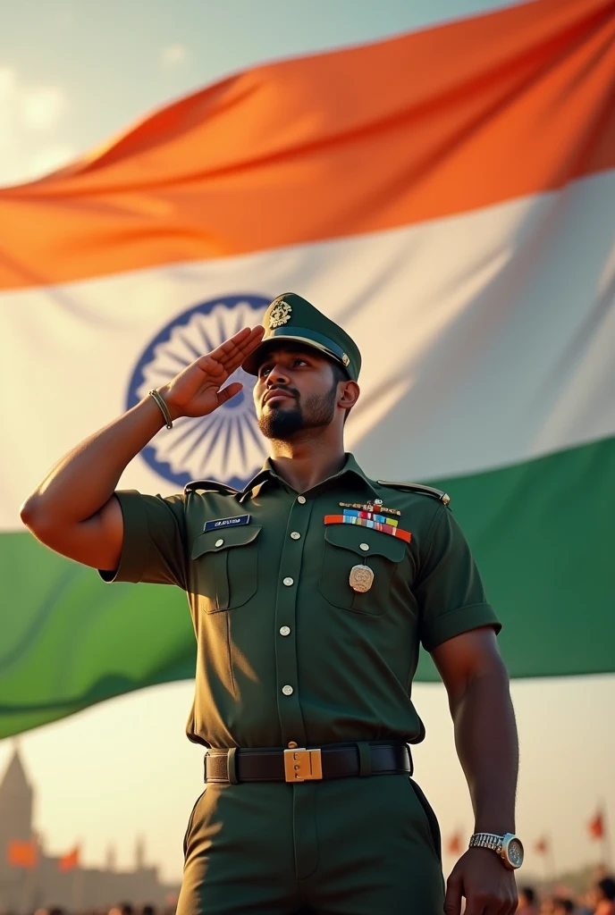 22 year old muscles Indian boy is celebrating Independence Day on 15th August 2024. His name Vivek is written on his uniform or he is saluting the Indian flag or he is wearing the uniform of the Indian flag or he is facing on indian flag