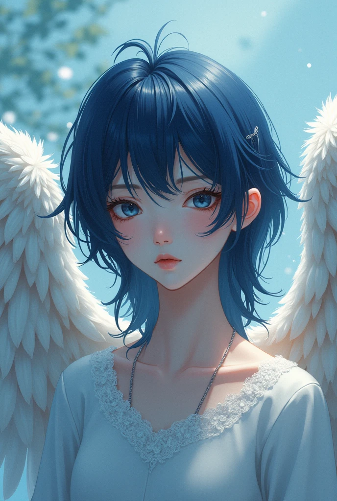 A Japanese ager,dark blue mullet hair below the nape with 2 pairs of angel wings