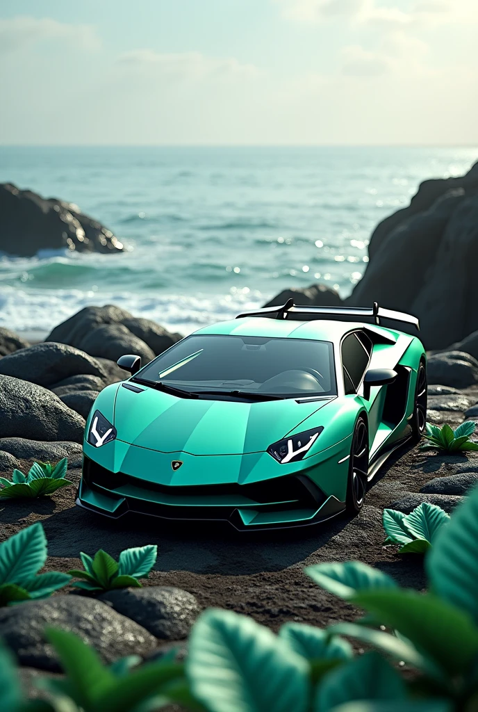 I want an image of a Lamborghini Aventador 12000, lead color, with many mint leaves around it, a beach background, and it's on top of beautiful, shiny black rocks.