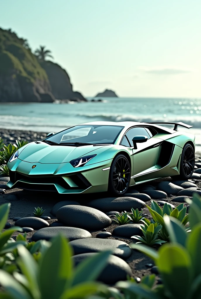 I want an image of a Lamborghini Aventador 12000, lead color, with many mint leaves around it, a beach background, and it's on top of beautiful, shiny black rocks.