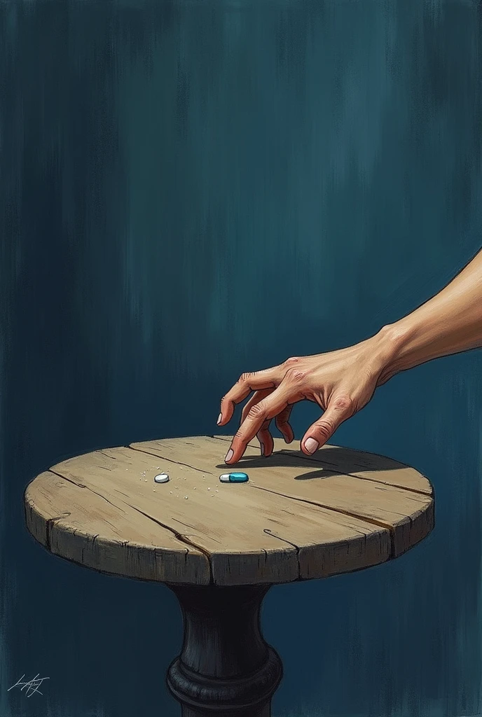 A light brown man's hand (sleeveless) from top to bottom about to pick up a single pill (with bent fingers), from an old round wooden table, , slightly caricatured drawing, everything in dark blue tones