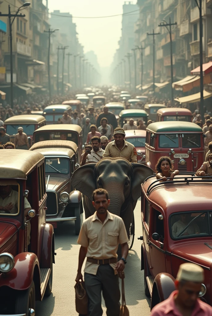 Cycle,car,bus,risxa,bailgari, elephant horse in 1947, ultra realistic,32k,RAW photo,(high detailed skin:1.2), 8k uhd, dslr, high quality, ultrarealistic, realistic, 4k picture, textured skin