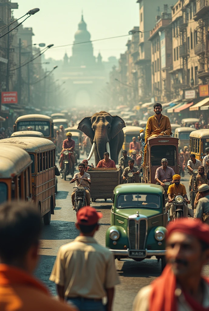 Cycle,car,bus,risxa,bailgari, elephant horse in 1947, ultra realistic,32k,RAW photo,(high detailed skin:1.2), 8k uhd, dslr, high quality, ultrarealistic, realistic, 4k picture, textured skin