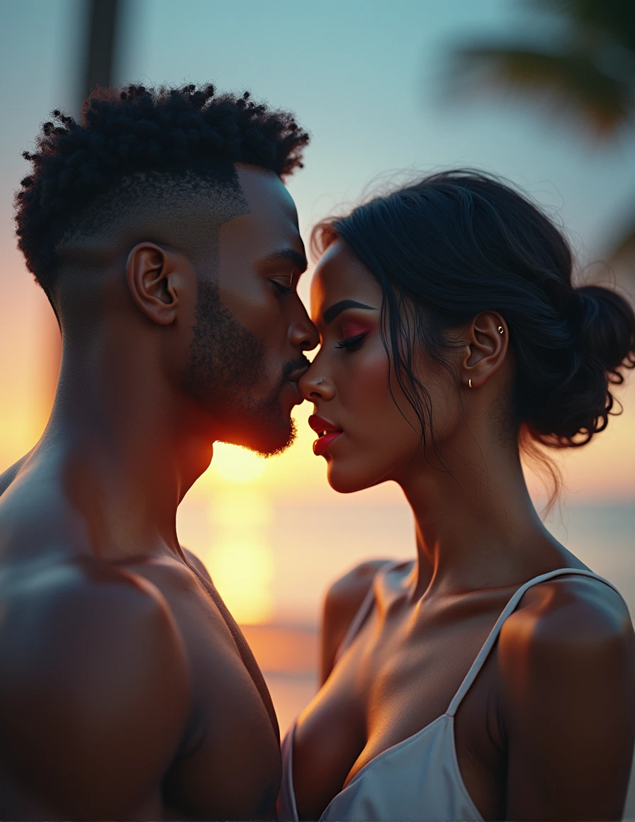 a close-up shot of a handsome black man short haircute and an Afro-Latina woman red lips kissing, their lips close together, cinematic lighting, romantic atmosphere, detailed facial features, beautiful skin tones, chiaroscuro lighting, dramatic shadows, intense eye contact, passionate embrace, high quality, photorealistic, 8k, cinematic, dramatic