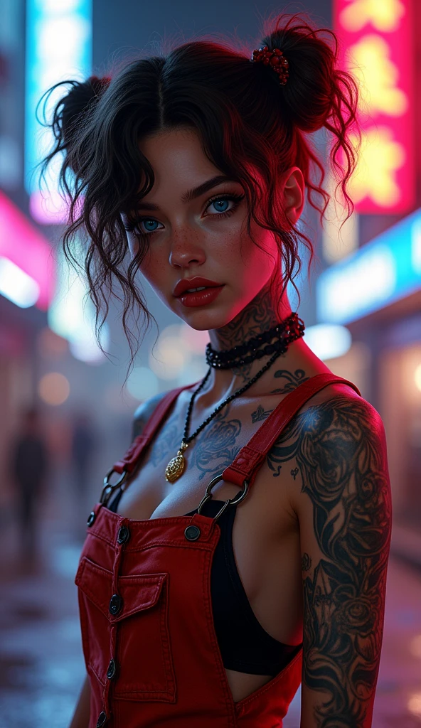 uma jovem morena de 18 anos sorrindo, (wearing red overalls torn and dirty) cabelo curto cacheado, tatuagens no corpo e no rosto , olhos grandes azuis, (Neon city background at night),Fleshy lips of the mouth with red lipstick, with the medallion on the neck,brinco, penetrante , seios grandes, sweaty skin with imperfections,Tatuada no rosto, ,(Pigtails de cabelo com gravatas)detalhes intricados ( 8k.