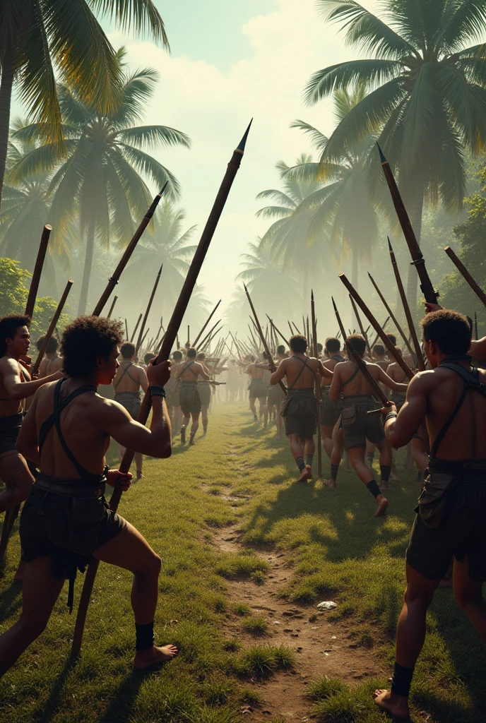 A group of people armed with sharpened bamboo poles are fighting against a group of Dutch colonialists armed with firearms.