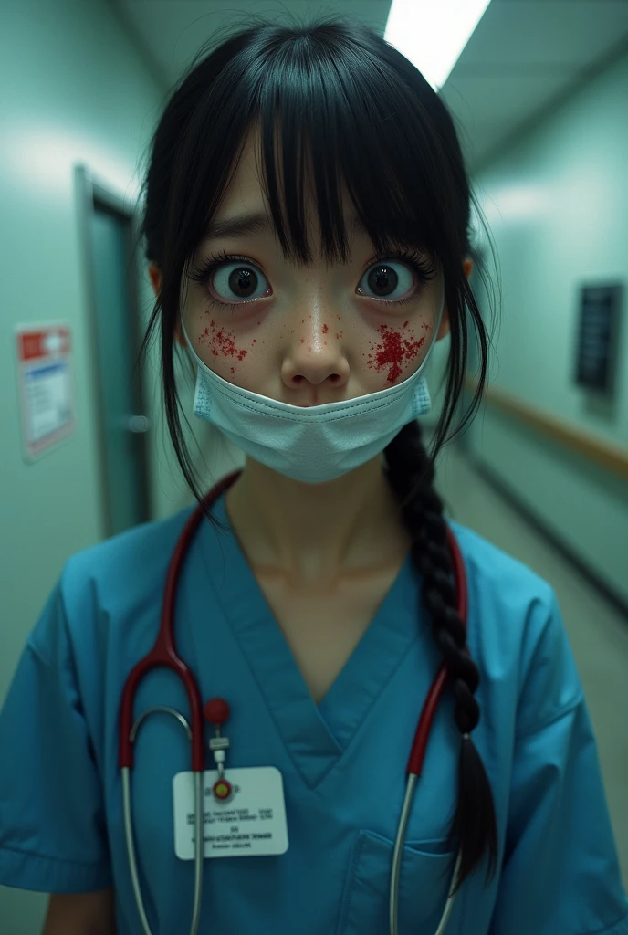 Scared girl in uniform of doctor.with use and throw mask . Blood on her face