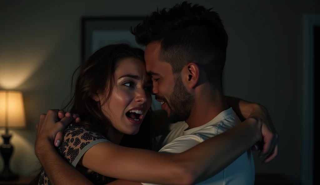 a couple having a fight, the boyfriend is chocking the girlfriend, their face clearly intense and full with frustrated and anger,the room is dim
