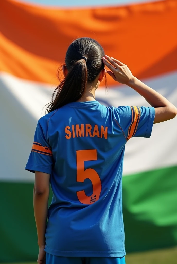 Back of a ager girl wearing Indian jersey on which Simran written and the jersey number is 5 saluting towards the Indian flag