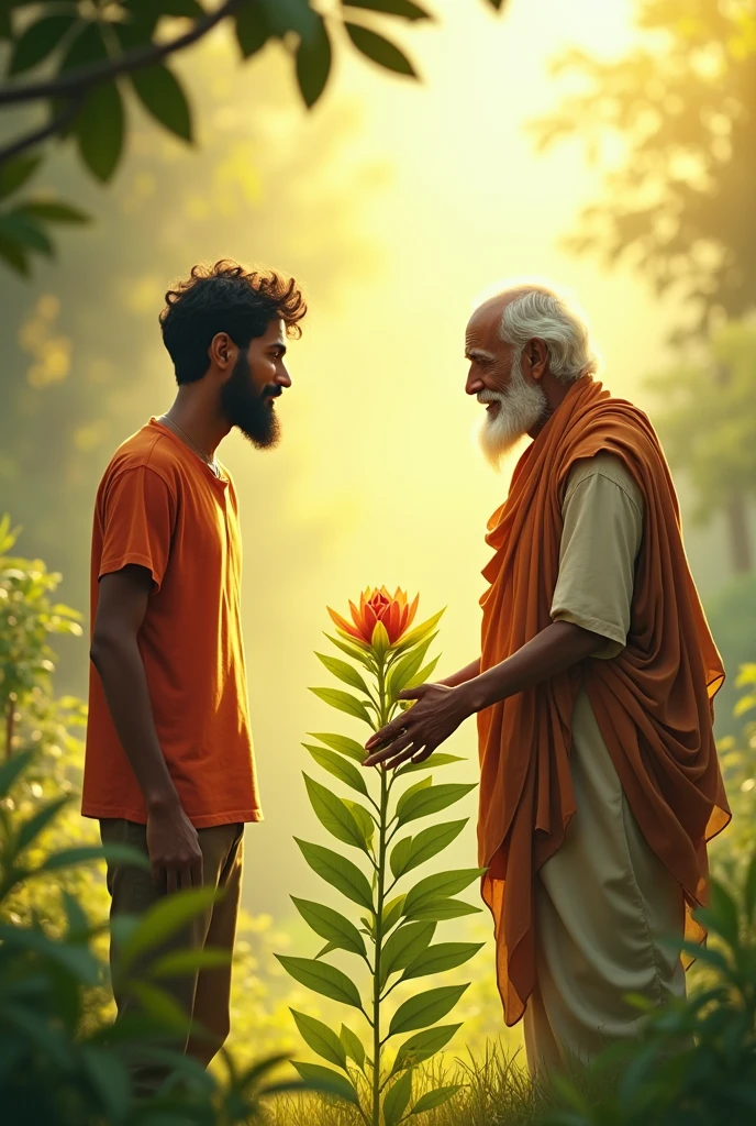 10. **Raju and the Old Man Together**: Raju, now confident and happy, stands with the old man near the grown plant. They both look at the plant with satisfaction, symbolizing Rajesh's growth and the wisdom he gained.